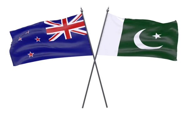 Nový Zéland Pákistánu Dva Překřížené Příznaky Izolované Bílém Pozadí Obrázek — Stock fotografie