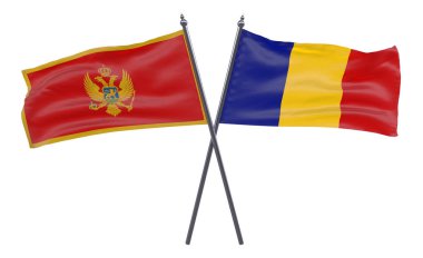 Karadağ ve Romanya'da, iki beyaz arka plan üzerinde izole bayrakları geçti. 3D görüntü