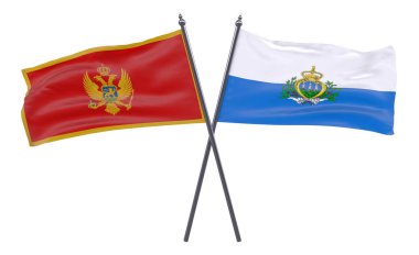 Karadağ ve San Marino, iki beyaz arka plan üzerinde izole bayrakları geçti. 3D görüntü