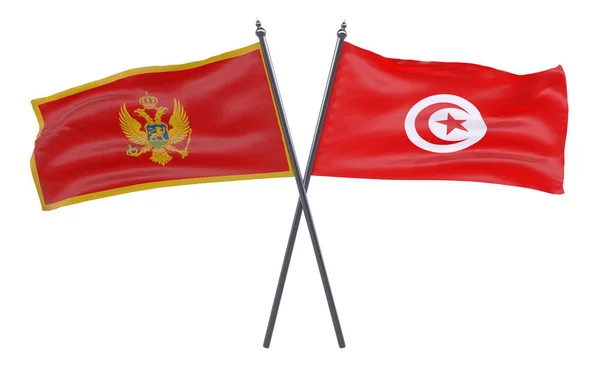 Чорногорія Тунісу Два Перетнув Прапори Ізольовані Білому Тлі Зображення — стокове фото