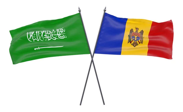 Μολδαβία Και Σαουδική Αραβία Δύο Διέσχισε Σημαίες Που Απομονώνονται Λευκό — Φωτογραφία Αρχείου