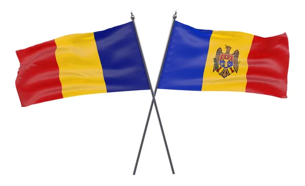 Μολδαβία Και Ρουμανία Δύο Διέσχισε Σημαίες Που Απομονώνονται Λευκό Φόντο — Φωτογραφία Αρχείου
