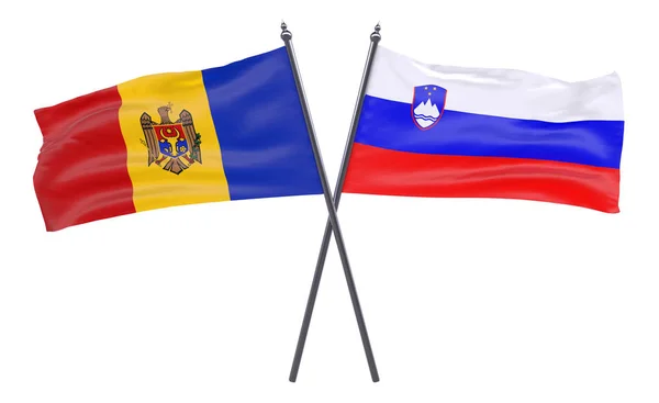 Moldavsko Slovinsko Dva Překřížené Příznaky Izolované Bílém Pozadí Obrázek — Stock fotografie