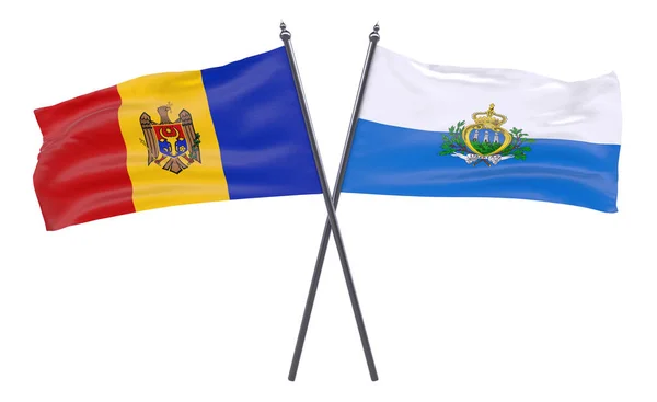 Μολδαβία Και Σαν Μαρίνο Δύο Διέσχισε Σημαίες Που Απομονώνονται Λευκό — Φωτογραφία Αρχείου