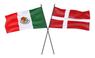 Meksika ve Danimarka, iki beyaz arka plan üzerinde izole bayrakları geçti. 3D görüntü