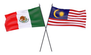 Meksika ve Malezya, iki beyaz arka plan üzerinde izole bayrakları geçti. 3D görüntü
