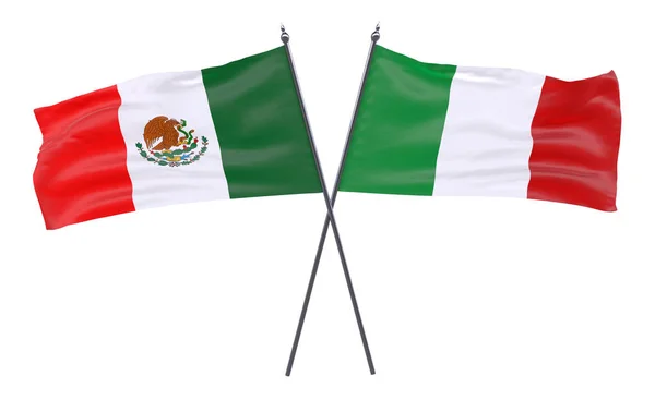 Meksika Talya Iki Beyaz Arka Plan Üzerinde Izole Bayrakları Geçti — Stok fotoğraf