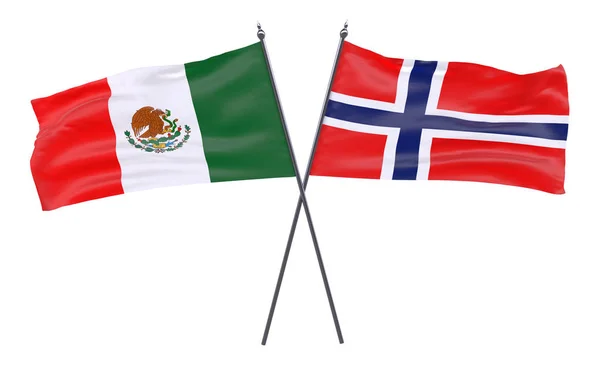Mexico Noorwegen Twee Gekruiste Vlaggen Geïsoleerd Een Witte Achtergrond Afbeelding — Stockfoto