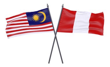 Malezya ve Peru, iki beyaz arka plan üzerinde izole bayrakları geçti. 3D görüntü