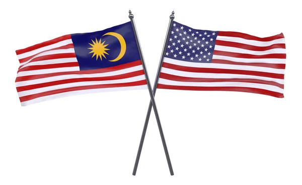 Malaysia Och Usa Två Korsade Flaggor Isolerad Vit Bakgrund Bild — Stockfoto