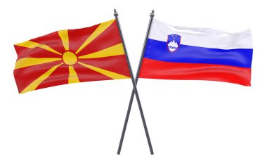 Makedonya ve Slovenya, iki beyaz arka plan üzerinde izole bayrakları geçti. 3D görüntü