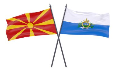 Makedonya ve San Marino, iki beyaz arka plan üzerinde izole bayrakları geçti. 3D görüntü