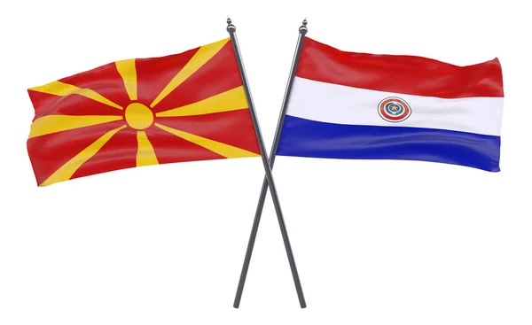 马其顿和巴拉圭 两个交叉的旗帜在白色背景下被隔离 — 图库照片