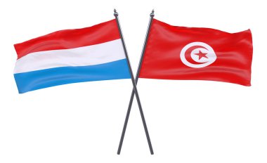 Lüksemburg ve Tunus, iki beyaz arka plan üzerinde izole bayrakları geçti. 3D görüntü