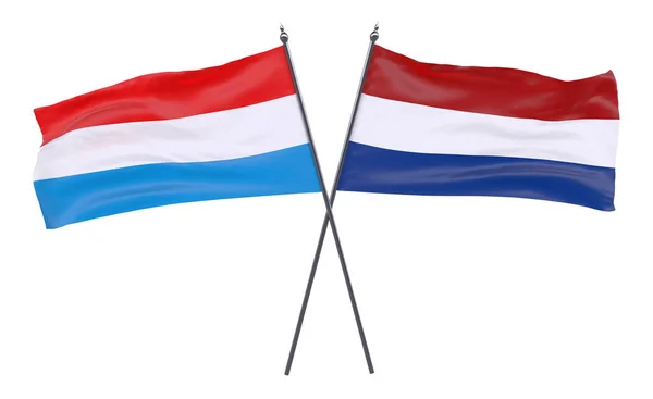 Luxemburgo Países Baixos Duas Bandeiras Cruzadas Isoladas Sobre Fundo Branco — Fotografia de Stock