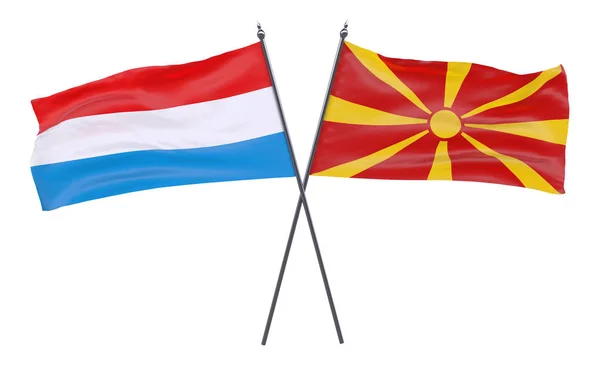 卢森堡和马其顿两个交叉旗被隔离在白色背景上 — 图库照片