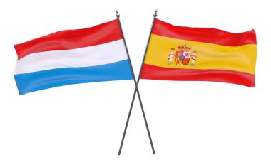 Lüksemburg ve İspanya, iki beyaz arka plan üzerinde izole bayrakları geçti. 3D görüntü