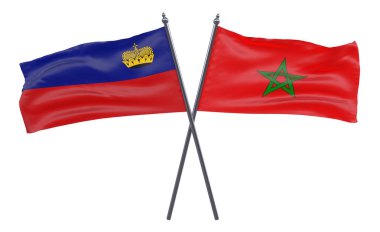 Liechtenstein ve Fas, iki beyaz arka plan üzerinde izole bayrakları geçti. 3D görüntü