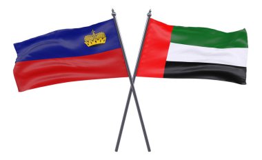 Liechtenstein ve Birleşik Arap Emirlikleri, iki beyaz arka plan üzerinde izole bayrakları geçti. 3D görüntü