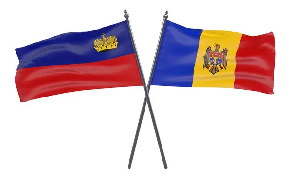 Λιχτενστάιν Και Μολδαβία Δύο Διέσχισε Σημαίες Που Απομονώνονται Λευκό Φόντο — Φωτογραφία Αρχείου