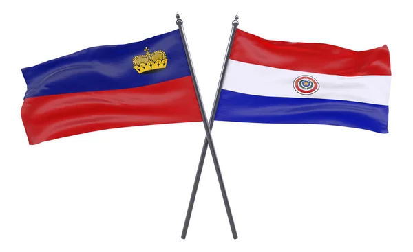 Лихтенштейн Парагвай Два Скрещенных Флага Изолированы Белом Фоне Изображение — стоковое фото