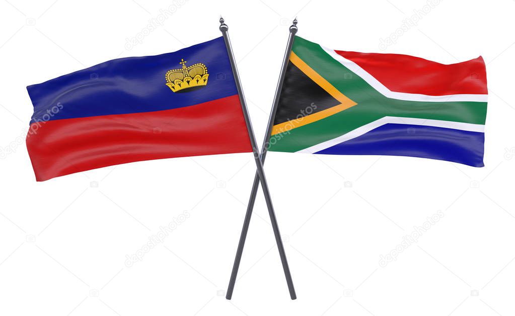 Liechtenstein and South Africa, two crossed flags isolated on white background. 3d image