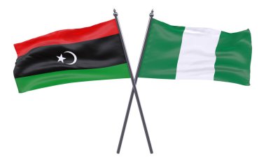 Libya ve Nijerya, iki beyaz arka plan üzerinde izole bayrakları geçti. 3D görüntü