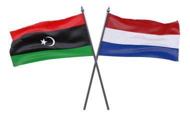 Libya ve Hollanda, iki beyaz arka plan üzerinde izole bayrakları geçti. 3D görüntü