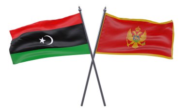 Libya ve Karadağ, iki beyaz arka plan üzerinde izole bayrakları geçti. 3D görüntü