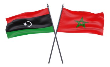 Libya ve Fas, iki beyaz arka plan üzerinde izole bayrakları geçti. 3D görüntü