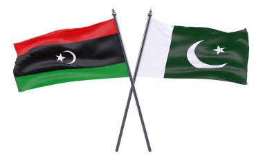 Libya ve Pakistan, iki beyaz arka plan üzerinde izole bayrakları geçti. 3D görüntü