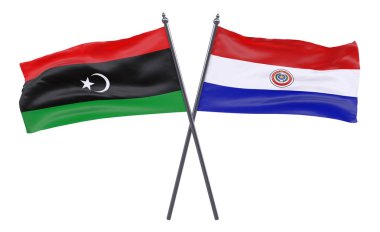 Libya ve Paraguay, iki beyaz arka plan üzerinde izole bayrakları geçti. 3D görüntü