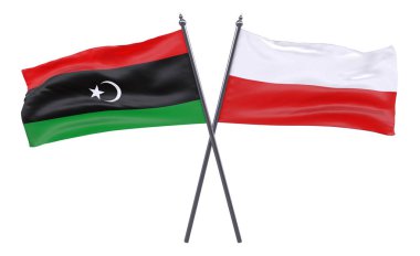 Libya ve Polonya, iki beyaz arka plan üzerinde izole bayrakları geçti. 3D görüntü