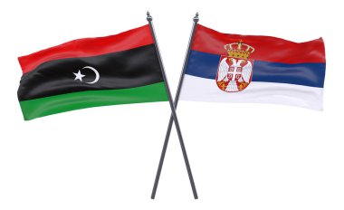 Libya ve Sırbistan, iki beyaz arka plan üzerinde izole bayrakları geçti. 3D görüntü
