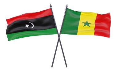 Libya ve Senegal, iki beyaz arka plan üzerinde izole bayrakları geçti. 3D görüntü