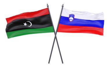 Libya ve Slovenya, iki beyaz arka plan üzerinde izole bayrakları geçti. 3D görüntü