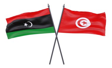 Libya ve Tunus, iki beyaz arka plan üzerinde izole bayrakları geçti. 3D görüntü