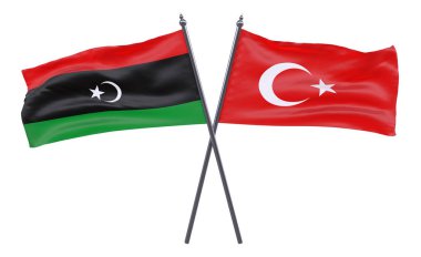 Libya ve Türkiye, iki beyaz arka plan üzerinde izole bayrakları geçti. 3D görüntü