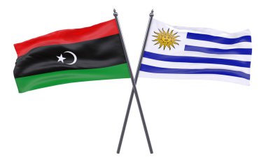 Libya ve Uruguay, iki beyaz arka plan üzerinde izole bayrakları geçti. 3D görüntü
