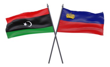 Libya ve Liechtenstein, iki beyaz arka plan üzerinde izole bayrakları geçti. 3D görüntü