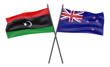Libya ve Yeni Zelanda, iki beyaz arka plan üzerinde izole bayrakları geçti. 3D görüntü