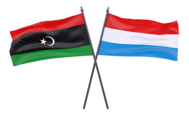Libya ve Lüksemburg, iki beyaz arka plan üzerinde izole bayrakları geçti. 3D görüntü