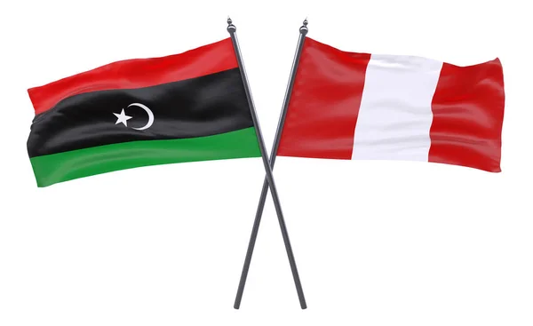 Libyen Und Peru Zwei Gekreuzte Flaggen Auf Weißem Hintergrund Bild — Stockfoto