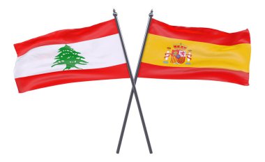 Lübnan ve İspanya, iki beyaz arka plan üzerinde izole bayrakları geçti. 3D görüntü