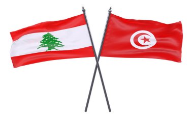 Lübnan ve Tunus, iki beyaz arka plan üzerinde izole bayrakları geçti. 3D görüntü