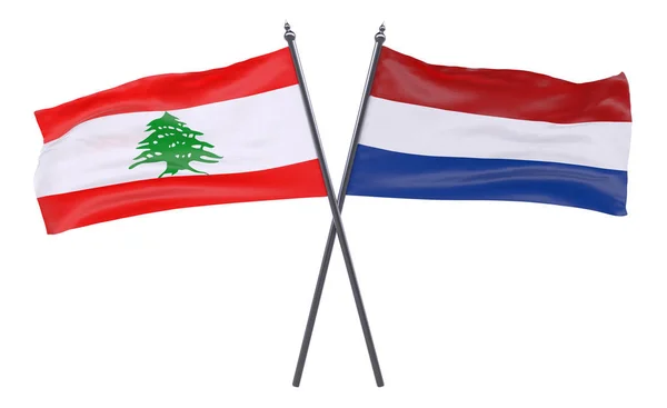 Libanon Nizozemsko Dvě Překřížené Příznaky Izolované Bílém Pozadí Obrázek — Stock fotografie