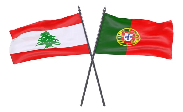 Libanon Portugalsko Dva Překřížené Příznaky Izolované Bílém Pozadí Obrázek — Stock fotografie