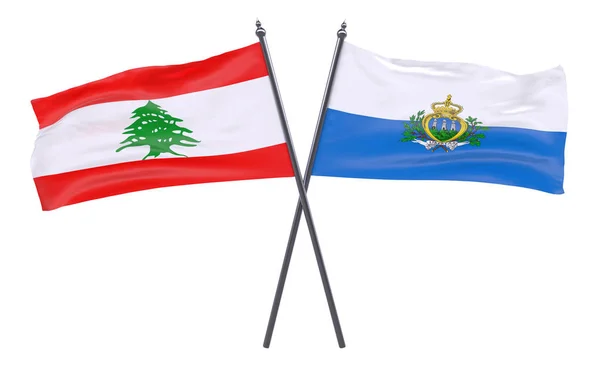 Libanon San Marino Dva Překřížené Příznaky Izolované Bílém Pozadí Obrázek — Stock fotografie