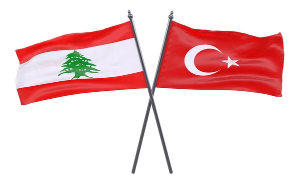 Libanonu Turecku Dva Překřížené Příznaky Izolované Bílém Pozadí Obrázek — Stock fotografie