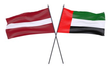 Letonya ve Birleşik Arap Emirlikleri, iki beyaz arka plan üzerinde izole bayrakları geçti. 3D görüntü